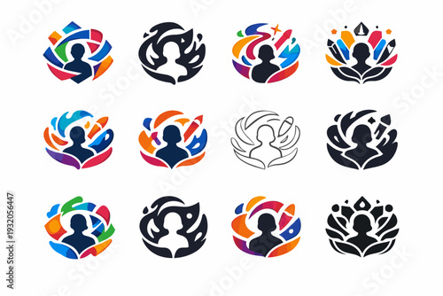Getting lost in a hobby or creative project. Icon set. Set Logo of Getting lost in a hobby or creative project: flowing idea shapes around person. harmonious