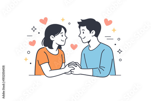 Heartfelt connection. Two people holding hands and smiling at each other, surrounded by subtle floating hearts and stars, conveying warmth and affection.