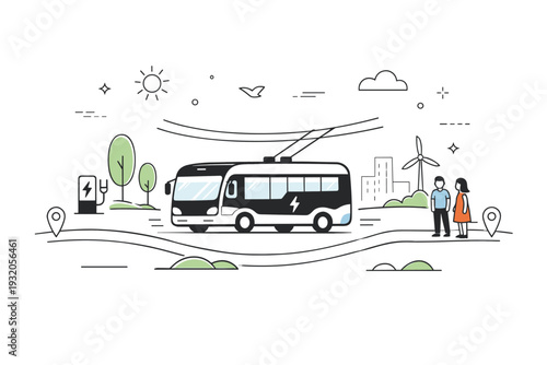 Electric public transport. A minimal scene showing a modern electric bus or tram gliding along a simplified route. Sustainable mobility, calm urban rhythm, and