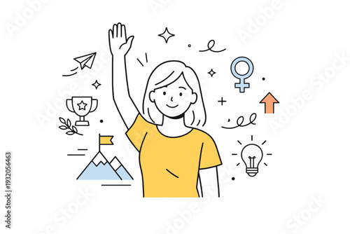Celebrating women. A woman raising one hand with a gentle smile, surrounded by light decorative elements suggesting pride, achievement, and empowerment. The