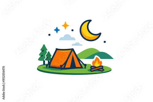 Outdoor adventure illustrated by a small tent under stars and a moon, conveying freedom, simplicity, and a connection with nature. Minimalist flat vector