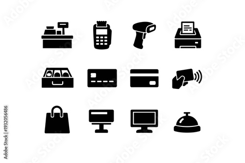 Retail checkout. Solid icon set of Retail checkout: checkout counter, POS terminal, barcode scanner, receipt printer, cash drawer, credit card, debit card,