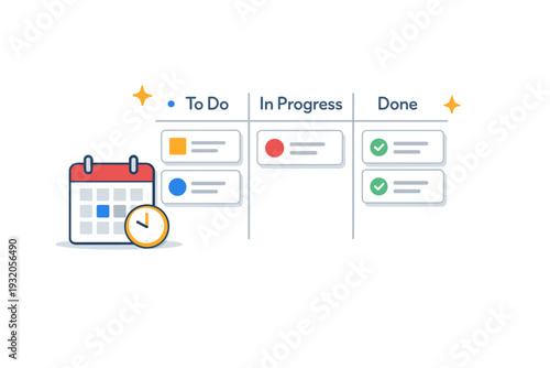 Personal productivity kanban board depicted with simple task cards and a small calendar icon to express daily planning and workload balance. The illustration