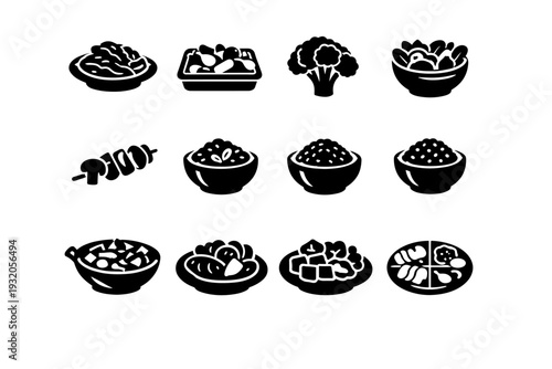 Healthy Side Dishes. Solid icon set of Healthy Side Dishes: sauteed greens plate, roasted vegetables, steamed broccoli, mixed salad bowl, grilled vegetables,