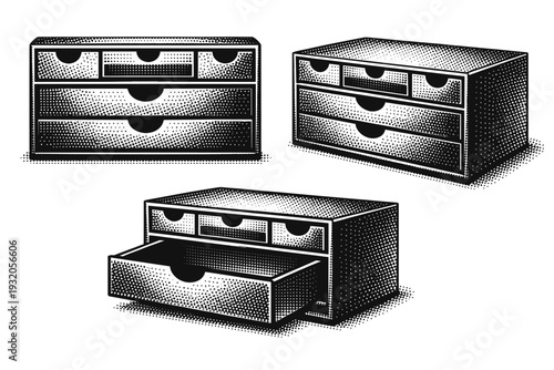 Office desk organizer drawer box. A realistic office desk organizer featuring integrated small drawers is shown as one object presented in three views focusing