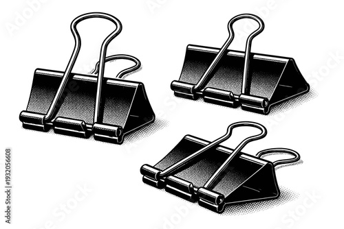 Large binder clip A large-capacity binder clip with wide jaws, thick metal body, and curved wire handles shown closed, partially open, and angled views as one