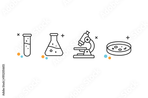 Laboratory biotech icons. Test tube, flask, microscope, and petri dish shown as cohesive line icons. The scene suggests experimentation, analysis,