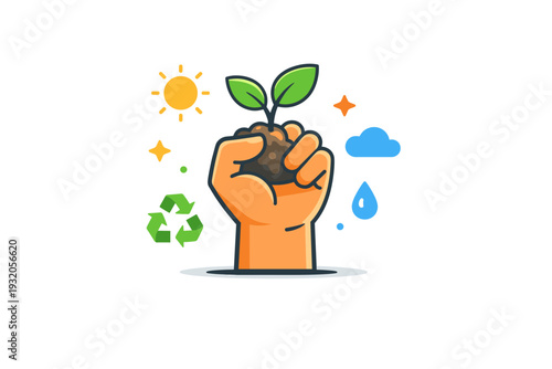 Climate action initiative shown through a raised hand holding a small plant, conveying personal involvement, hope and everyday steps toward environmental
