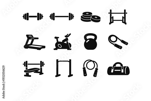 Gym Training. Solid icon set of Gym Training: dumbbell, barbell, weight plates, squat rack, treadmill, exercise bike, kettlebell, resistance bands, bench press