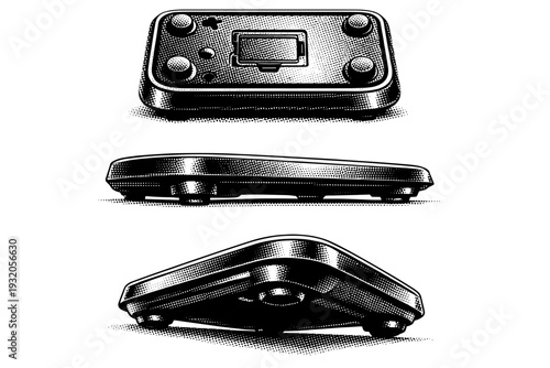 Kitchen scale base and housing illustrated as the same scale body shown from bottom view, side view, and three-quarter low angle, emphasizing casing shape,