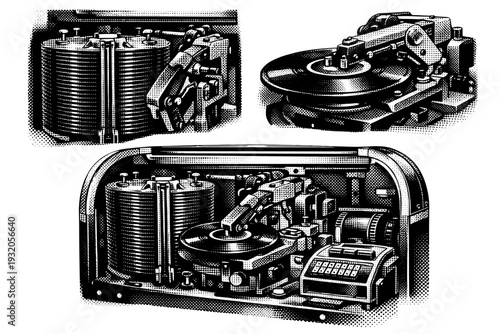 Jukebox record mechanism interior. A realistic jukebox shown as one object in three different views, focusing on internal record stack, mechanical arms, and