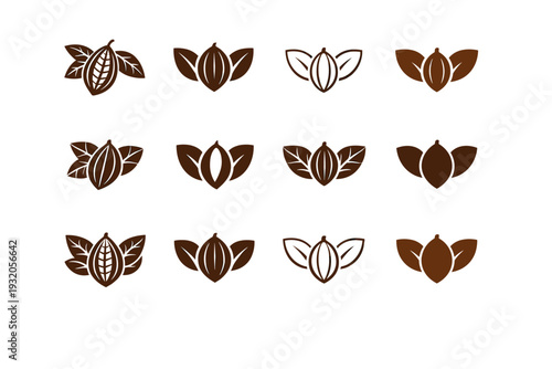 chocolate. Icon set. Set Logo of chocolate: cocoa leaf. harmonious logo variations of the same emblematic concept, each with different artistic interpretation