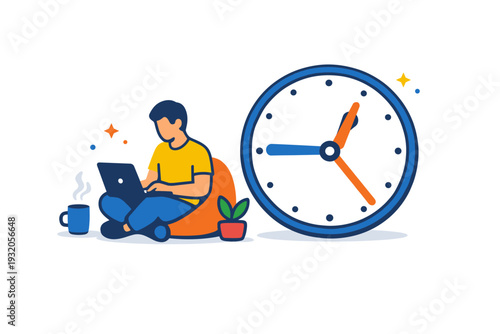 Asynchronous work shown as a relaxed figure working independently beside a clock set to a different time. The illustration communicates autonomy, deep focus,