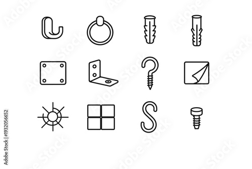 Bathroom Hardware. Line icon set of Bathroom Hardware: wall hook, towel loop mount, screw anchor, wall plug, mounting plate, bracket, hook screw, adhesive pad,