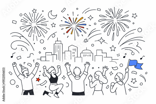 Midnight Celebration. Fireworks exploding over a simple city skyline, people cheering below. Energetic atmosphere with floating lines, sparkles, and festive