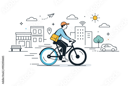 Urban commute. A person riding a bicycle through the city, smooth movement and relaxed pace. Simple buildings and motion lines emphasize everyday