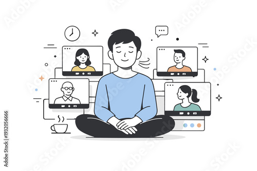 Online meetings all day. A character surrounded by stacked video windows, calmly breathing in a moment of stillness. The mood highlights emotional exhaustion