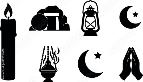 Flat design black silhouette religious icons set candle lantern incense crescent star praying hands tomb stone resurrection scene vector minimal