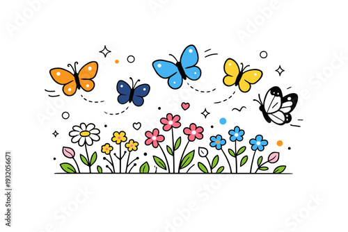 Butterflies and flowers. Colorful butterflies fluttering above a summer field of wildflowers, emphasizing delicate interaction with nature. Cheerful,