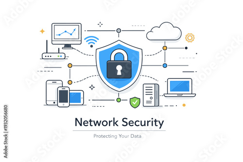 Network security. A focused editorial layout showing interconnected devices protected by a central lock. System safety and controlled connections, with minimal