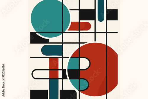 Graphic mid-century inspired poster with oversized teal and crimson circles partially cropped by the frame, structured black line grid forming a rhythmic