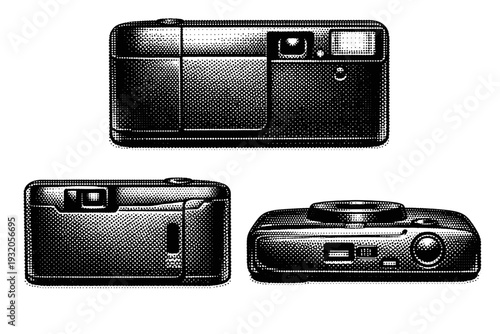Film camera ? compact point-and-shoot film camera with sliding lens cover and minimal controls. Black and white dot style with halftone texture and high