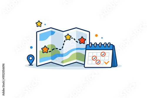Minimal travel planning concept featuring a folded map with a simple route line, star markers and a small calendar, conveying organized exploration and