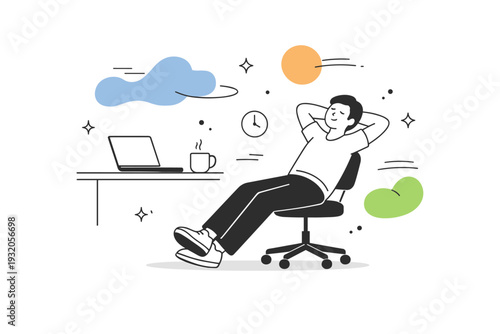 Remote work exhaustion. A person leaning back in a chair, laptop open but idle, with slow-moving abstract shapes around. Calm pause during a long digital