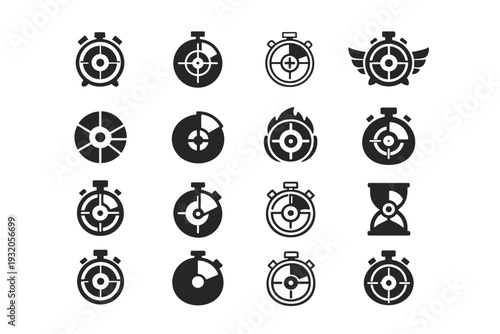 productivity habits. Icon set. Set Logo of productivity habits: focus timer. harmonious logo variations of the same emblematic concept, each with different