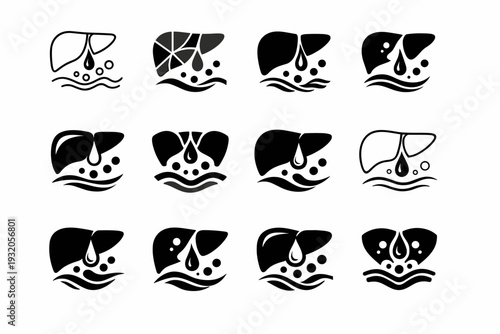 The role of the liver in digestion. Icon set. Set Logo of The role of the liver in digestion: enzyme and bile flow. harmonious logo variations of the same