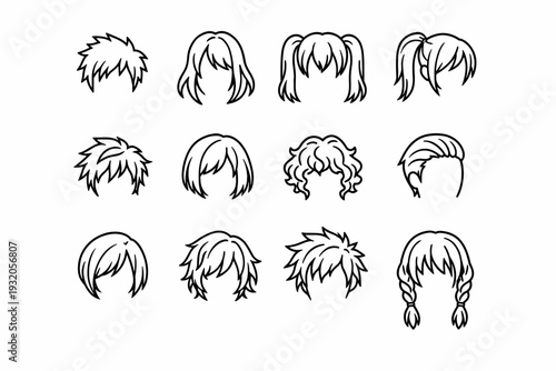 Anime Hairstyles. Line icon set of Anime Hairstyles: short spiky hair, long flowing hair, twin tails hair, ponytail hair, messy hair, bob cut hair, curly hair,