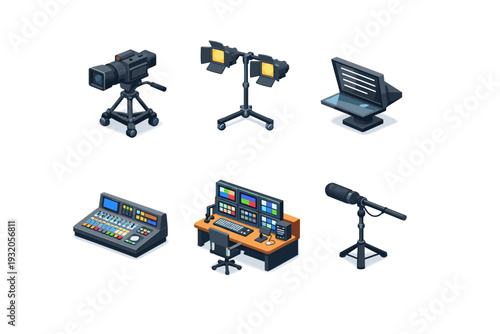 BroadcastStudio. Isometric flat vector icons set of BroadcastStudio: TV studio camera, studio lighting rig, teleprompter screen, sound mixing console, director