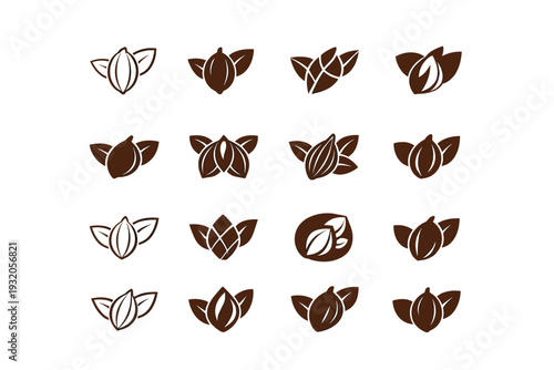 chocolate. Icon set. Set Logo of chocolate: cocoa bean. harmonious logo variations of the same emblematic concept, each with different artistic interpretation