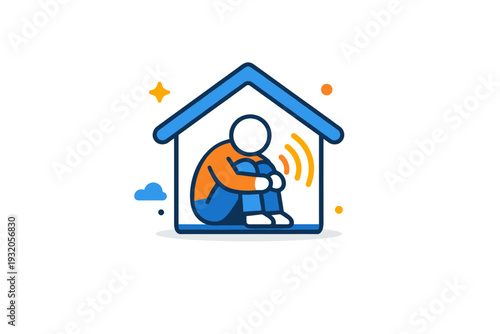 Remote loneliness mood symbolized by a person inside a small home icon with a subtle echo or signal symbol, expressing separation, confinement and longing for