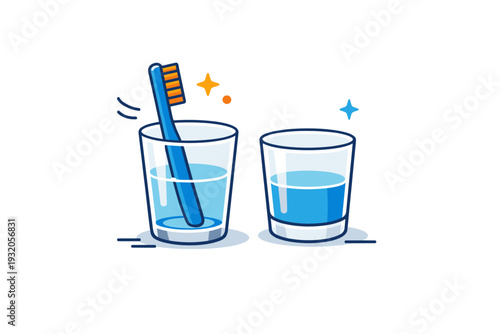 Everyday rituals represented by a toothbrush and water glass arranged in a balanced composition with subtle motion lines. The scene highlights simple habits,