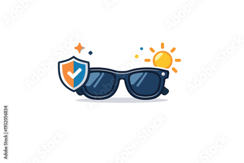 Sunglasses protection idea visualized by sunglasses paired with a small shield or sun symbol, expressing eye safety, care, and smart everyday choices under