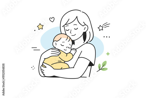 Mother holding sleeping baby. A quiet editorial scene with a baby resting peacefully in a mother?s arms. Safety, calm, and emotional closeness highlighted with