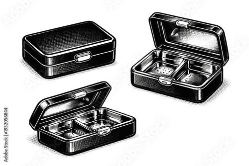 Ashtray portable pocket ashtray with hinged lid and compact rectangular shape, realistic mechanical proportions. Black and white dot style with halftone