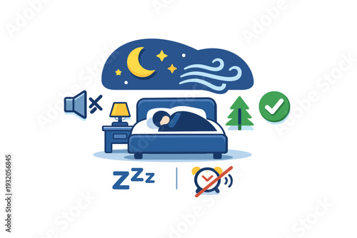 Sleep hygiene optimized sleep environment represented by a quiet bedroom with stars, airflow lines, and minimal noise symbols, expressing comfort, darkness,