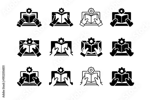 hands-on practice. Icon set. Set Logo of hands-on practice: practice workspace. harmonious logo variations of the same emblematic concept, each with different