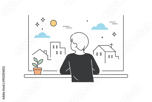 Quiet city moment. A calm figure looking out from a window at simplified buildings and sky. The scene reflects pause, contemplation, and emotional space.