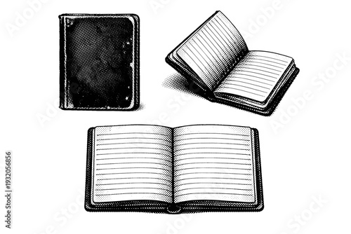 Analog Notebook ? Vintage lined notebook displayed in closed worn-cover view, partially opened angled view, and fully open flat view, emphasizing aged paper