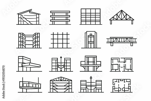 Atrium Architecture. Line icon set of Atrium Architecture: atrium section view, multi level floors, glass facade, steel beams, roof truss, open void space,