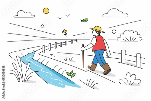 Rural scene. Farmer walking alongside a ditch, simple fence posts and plants floating subtly, abstract lines showing perspective. Feeling of everyday