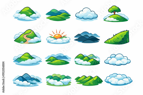 Misty Hill. Colorful isometric vector icons set of Misty Hill: foggy hill, rolling hill layers, mist cloud, lone tree on hill, hill pathway, sunrise mist, hill