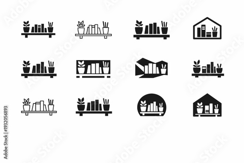 Setting up a home office. Icon set. Set Logo of Setting up a home office: shelves with office supplies. harmonious logo variations of the same emblematic