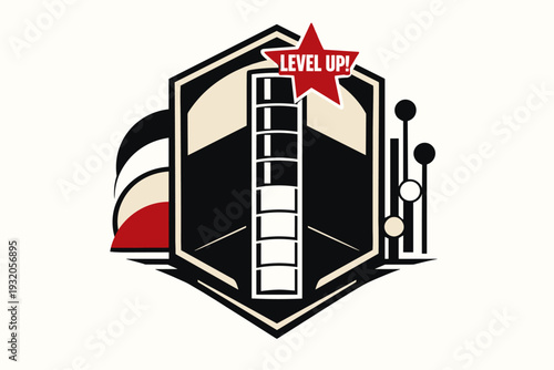 High-contrast black and white game-style progress meter filling upward in segmented blocks, overlapping abstract semicircles and vertical lines symbolizing