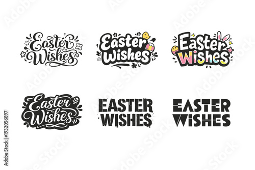 Easter Wishes. Set lettering. harmonious lettering variations of the same emblematic concept, each with different artistic interpretation (Whimsical curly type