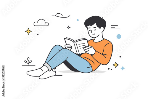 Relax time reading. A friendly scene of a person relaxing with a book, fully absorbed in a quiet moment. Calm focus, comfortable posture, gentle abstract