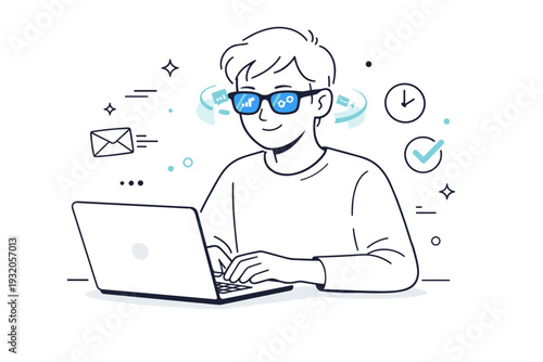 Blue light glasses. Person wearing blue light filtering glasses while using a laptop, relaxed and focused posture. Sense of protection and balance, abstract